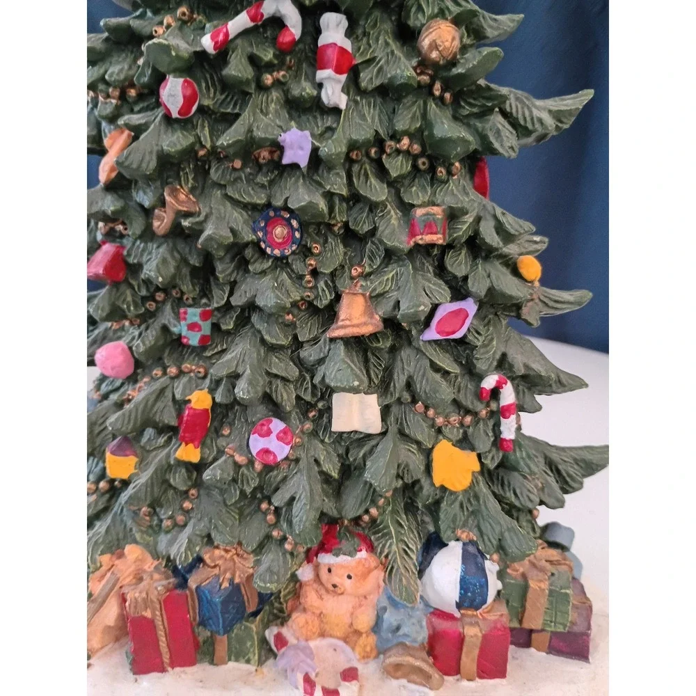 Vintage Resin Christmas Tree Figurine with Angel Topper and Presents 8 Inch